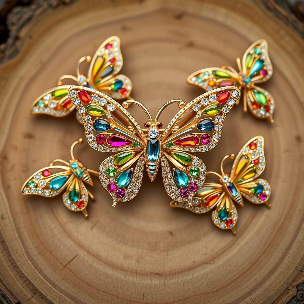 Luxurious Golden Butterfly Brooches in Rainbow Hues