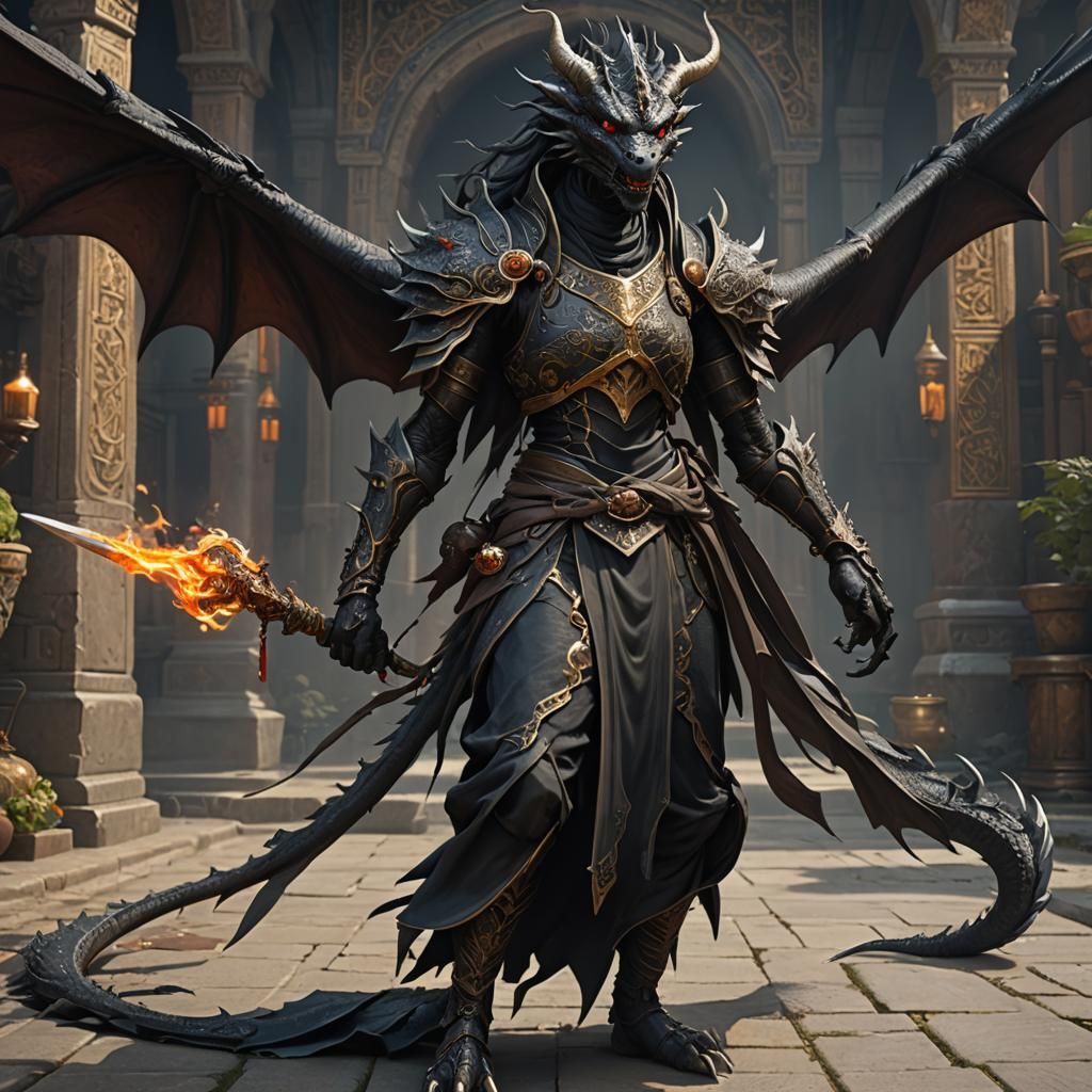 Dragon Monk with Sickles: Dark Fantasy Art