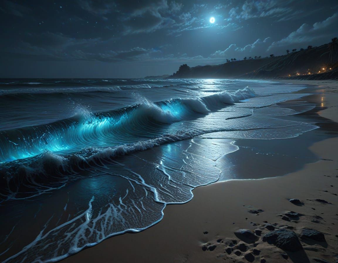 Bioluminescent Waves on a Dark Shoreline