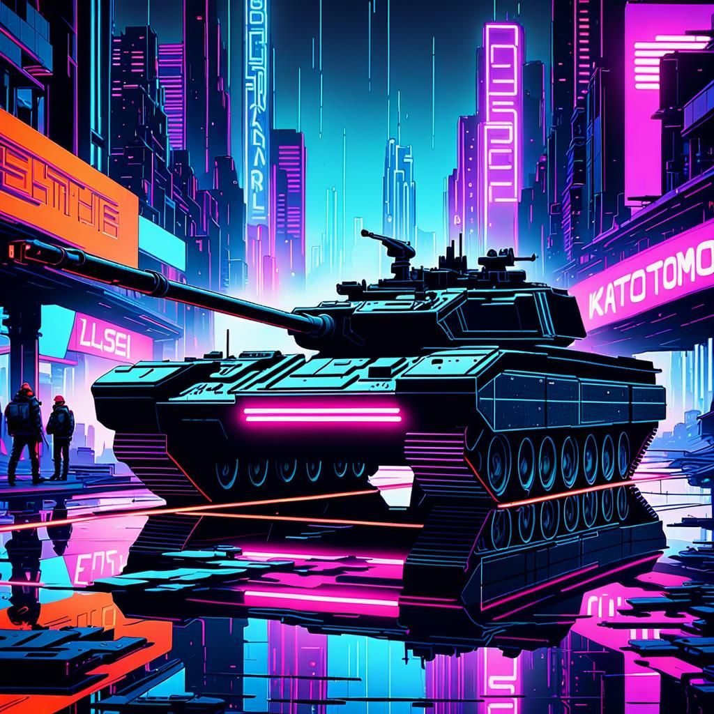 Neon Tank Battle in a Destroyed Cyberpunk City
