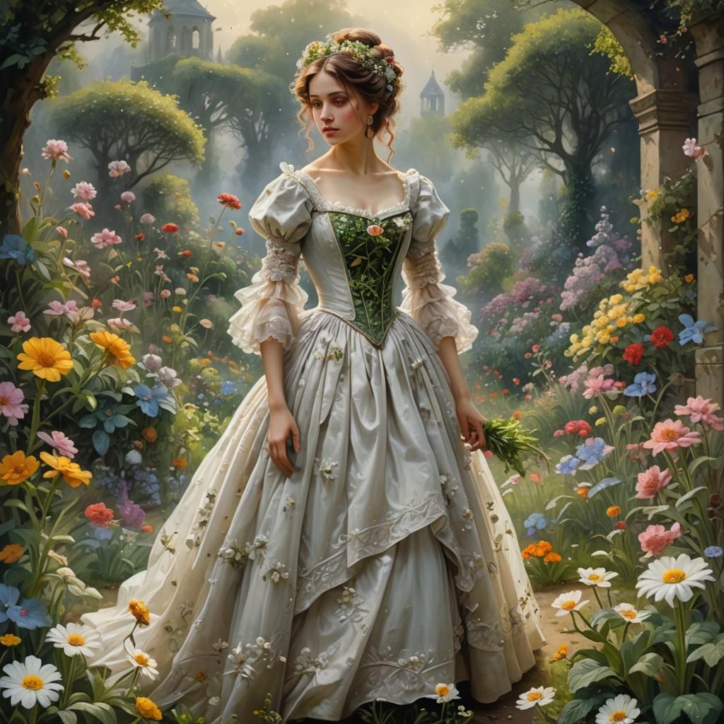Margarita in Bride Dress in Biedermeier Garden