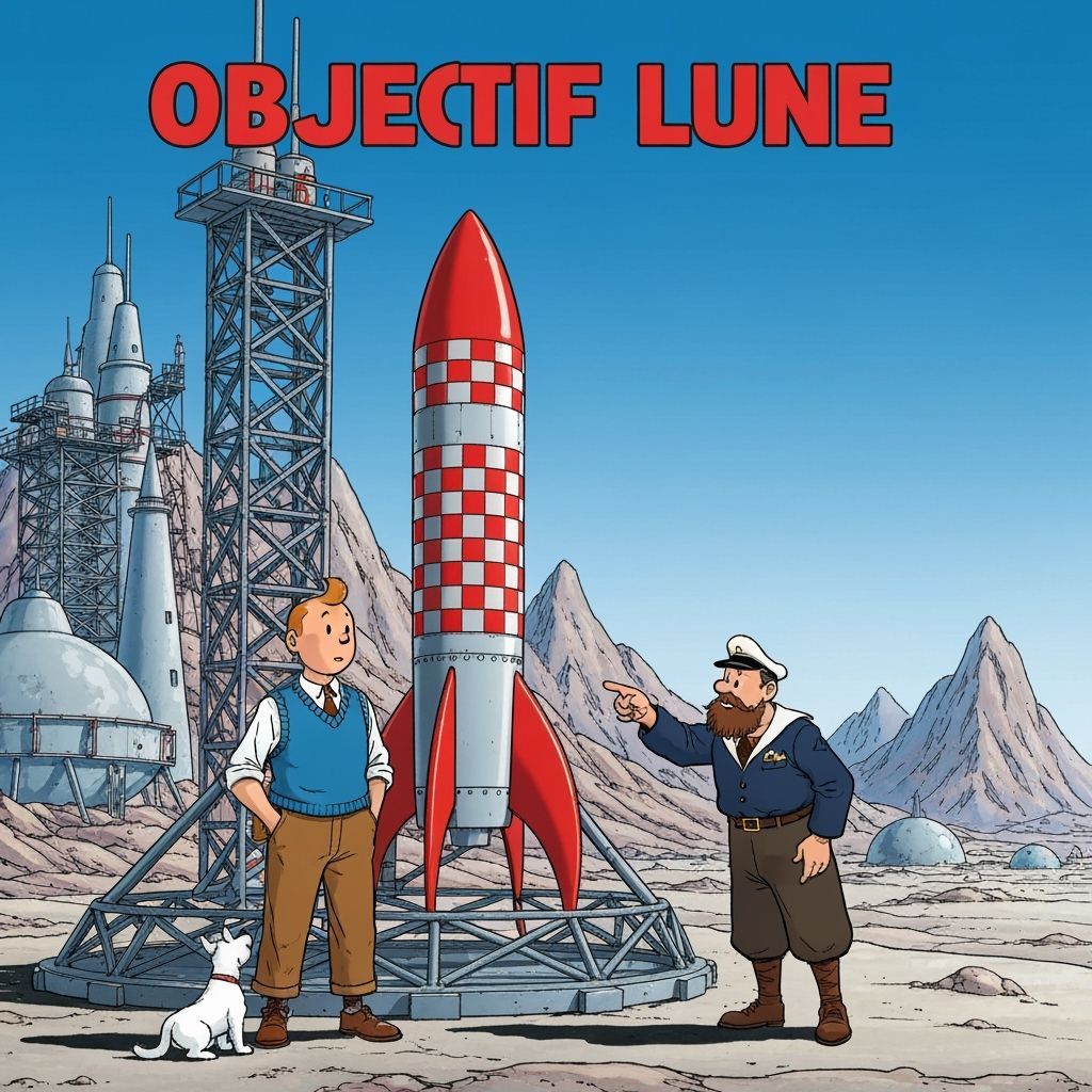 Tintin at the Moon Base in Ligne Claire Style