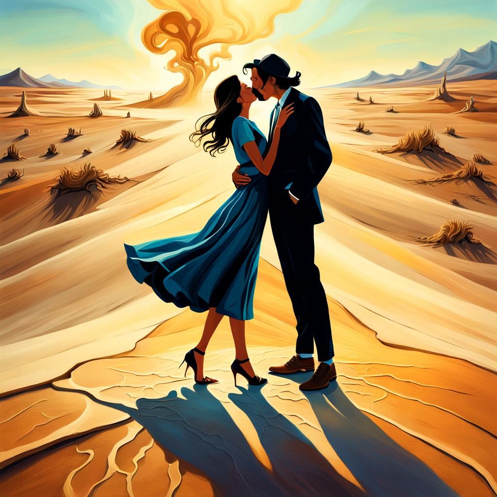 Ethereal Couple Share a Final Kiss in a Dreamlike Desert Lan...