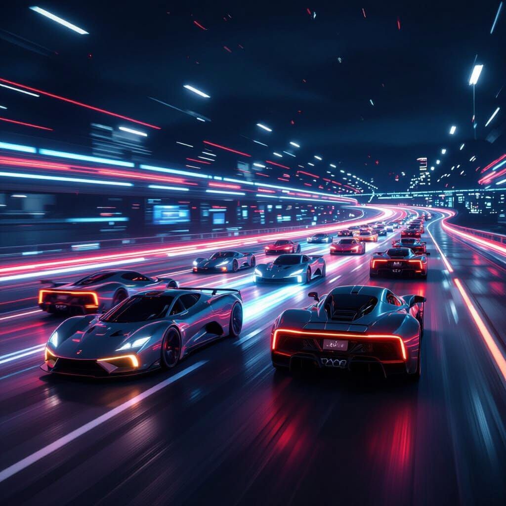 Futuristic Cars Speeding on Neon Highway at Night