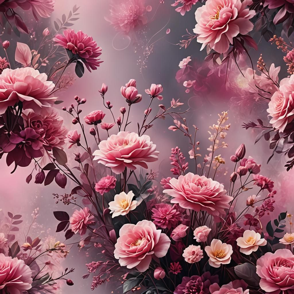 Pink Floral Collage in Fantasy Concept Art Style