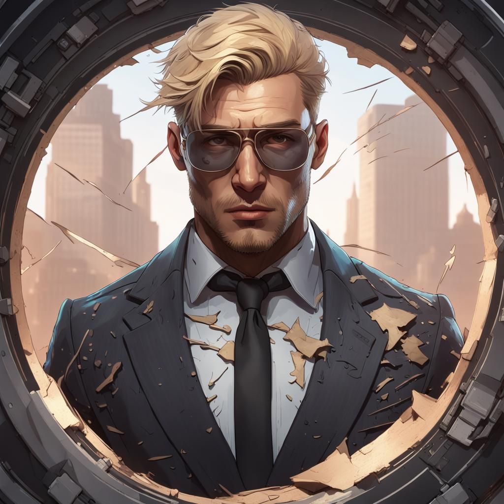 Battle-Damaged Man in Suit, Hyperdetailed Portrait