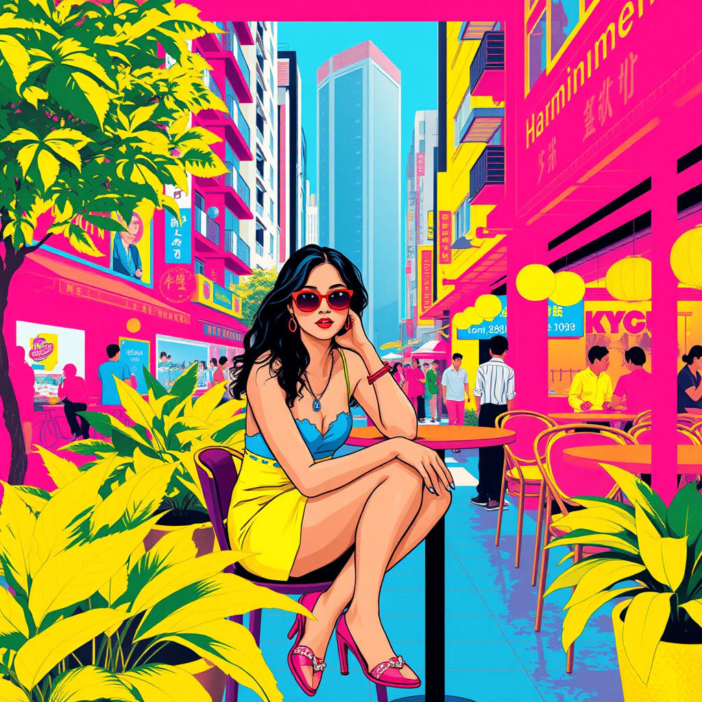 Hong Kong Cafe Scene in Pop Art Style