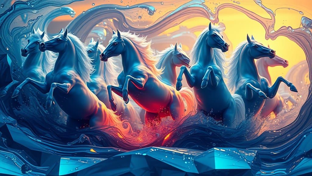 Surreal Stallions Dance in Neon Crystaline Realm