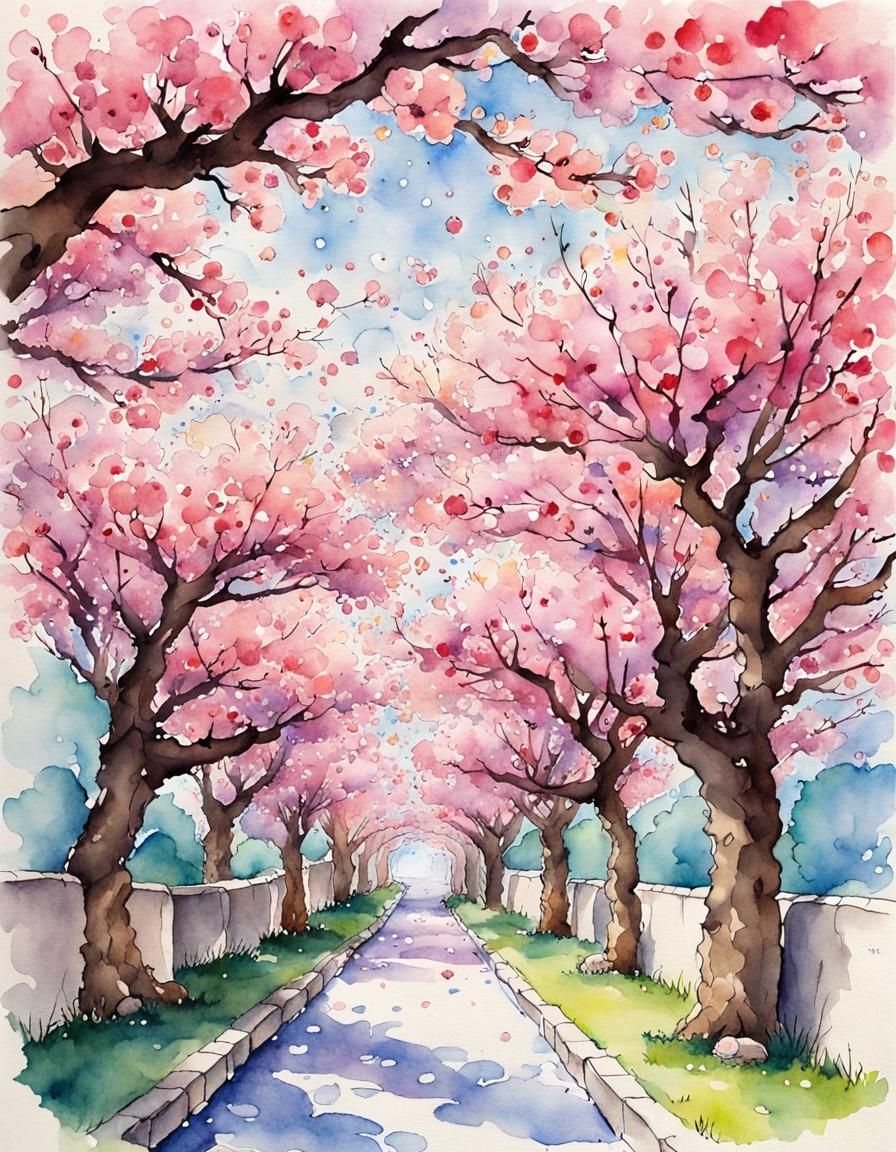 Cherry Blossom Tunnel: Watercolour Storybook Illustration