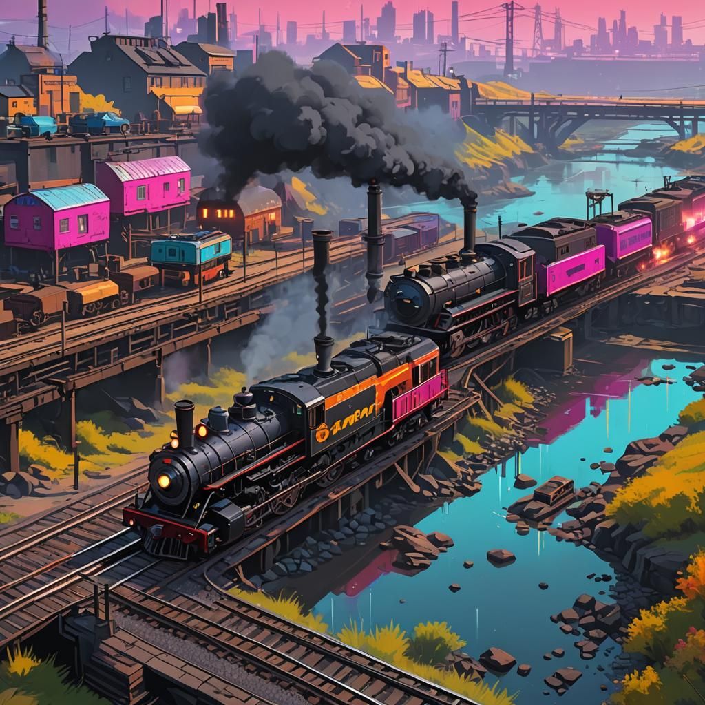Colorful Steam Train by River: Cyberpunk Art