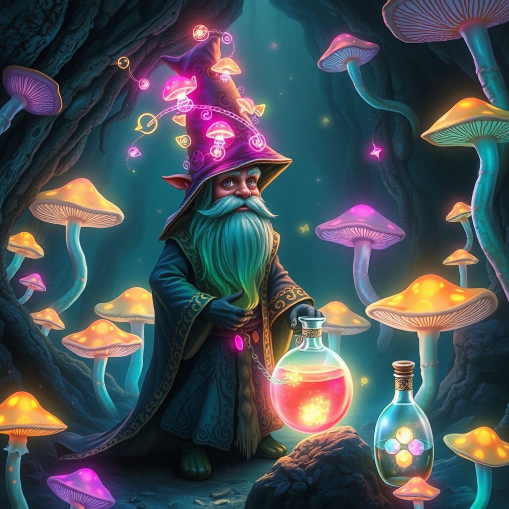 Surreal Gnome Alchemist in a Glowing Cavern
