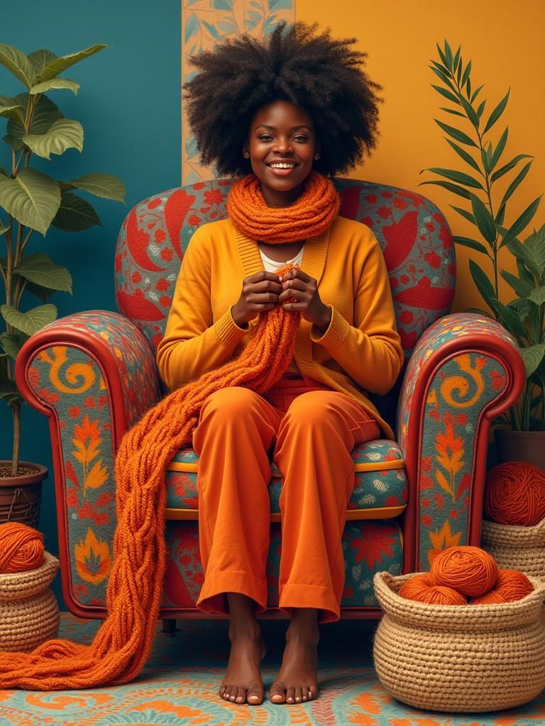 Knitted Woman Knitting, Folk Art Illustration