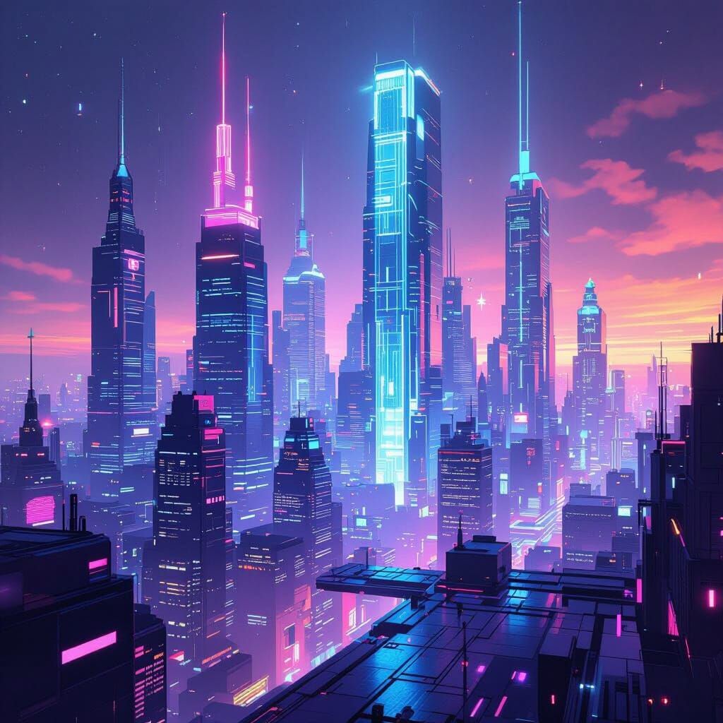Neon Quartz Cityscape in Cyberpunk Style