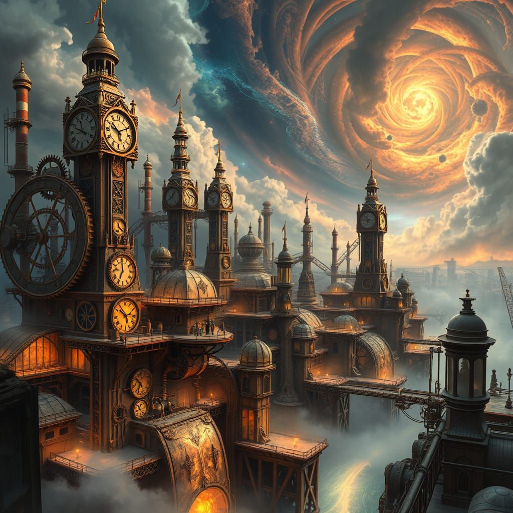 Steampunk Cityscape with Clockwork Towers and Cosmic Sky