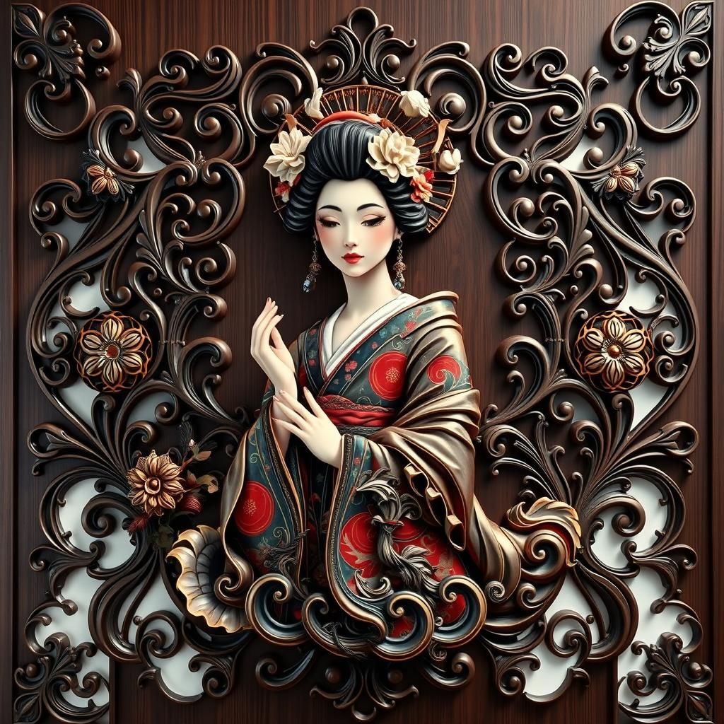 Art Nouveau Geisha Wood Carving Masterpiece