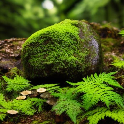 Lush Forest with Green Mushrooms and Crystals