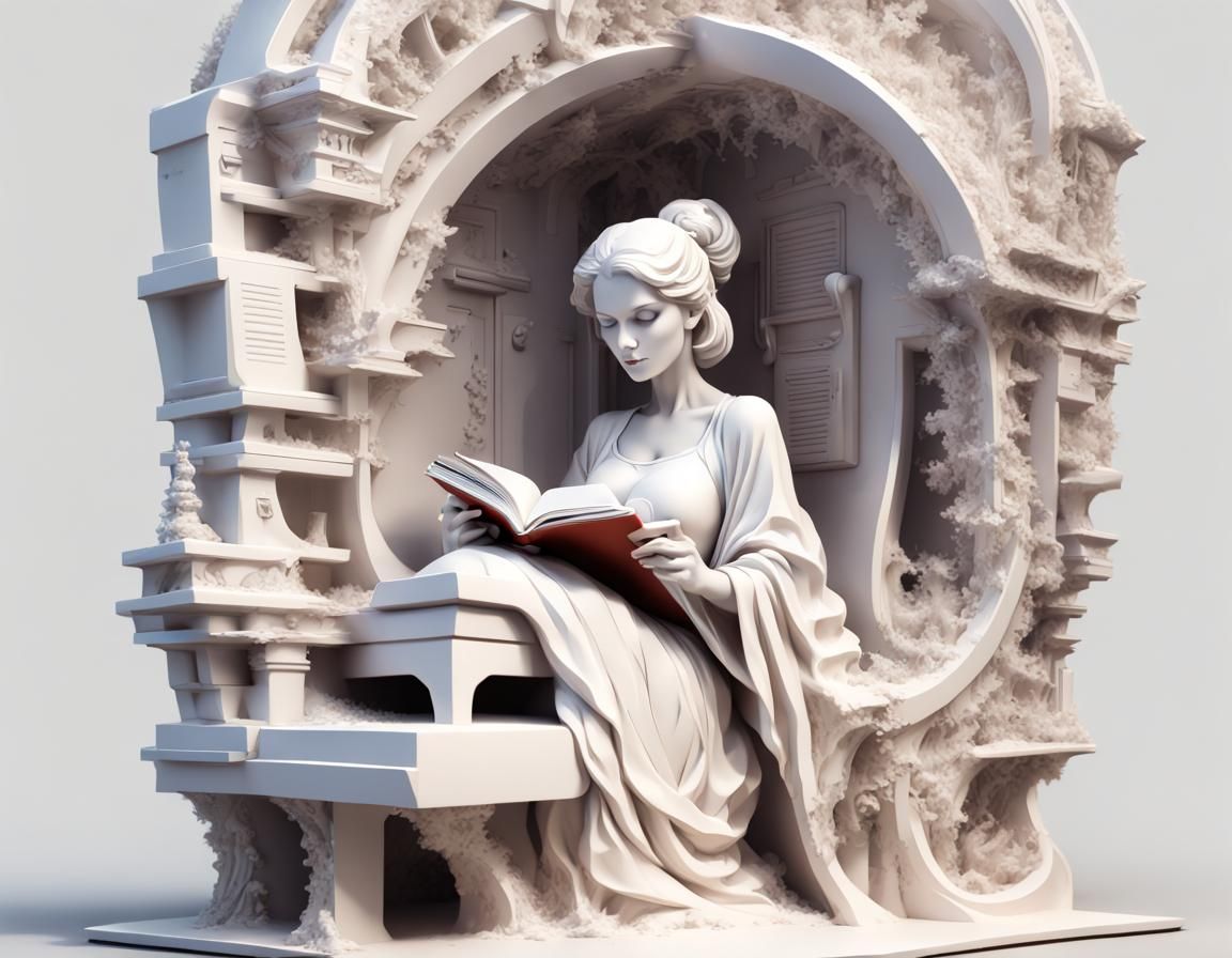 a statue of a woman reading a book, highly detailed 3d fractal, softplay, rpg book portrait, anamorphic illustration, de...