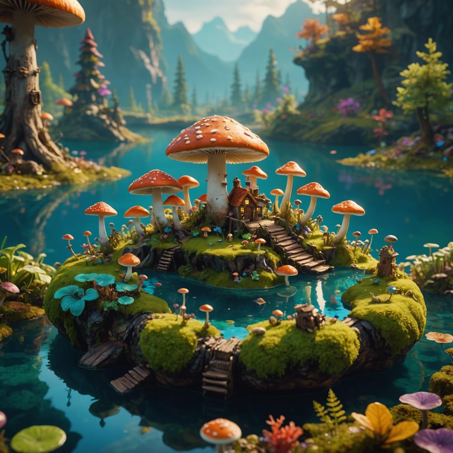 Enchanted Mushroom Village on Island in Mystic Lake