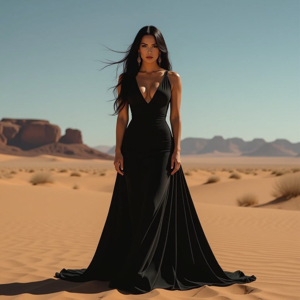 Dramatic Desert Scene with Woman in Black Dress