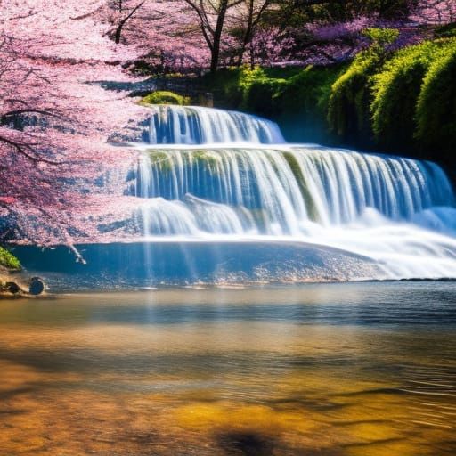 Beautiful waterfall with Beautiful river& Beautiful cherry blossom trees& Beautiful sunny day vibes& Beautiful nature vi...