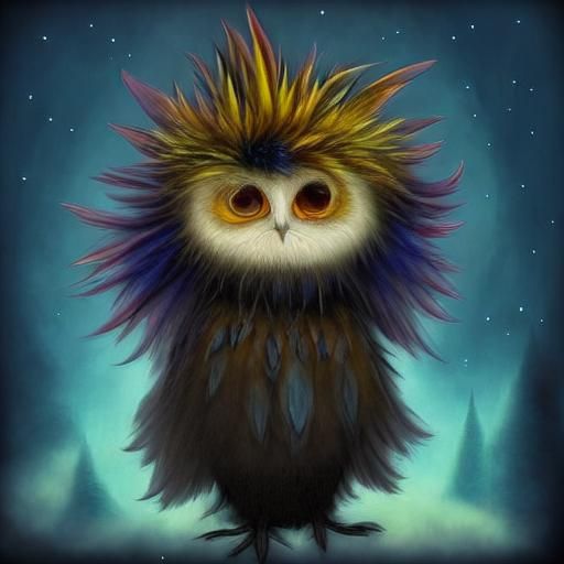Whimsical Baby Bird with Blue Mohawk in Fantasy Art