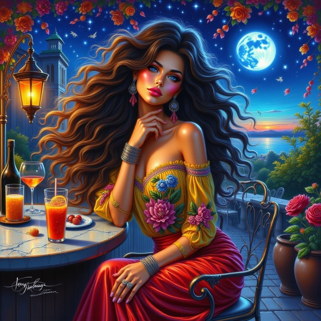 Woman at Terrace Bar Under Starry Night Glow