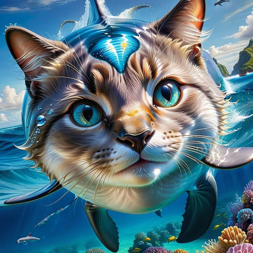 Adorable Cat-Dolphin Swimming in Ocean, Fantasy Art