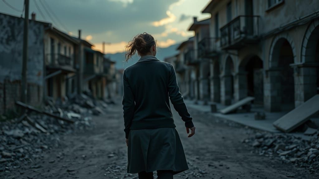Woman Flees Pursuer in War-Torn Bosnian Town at Dusk
