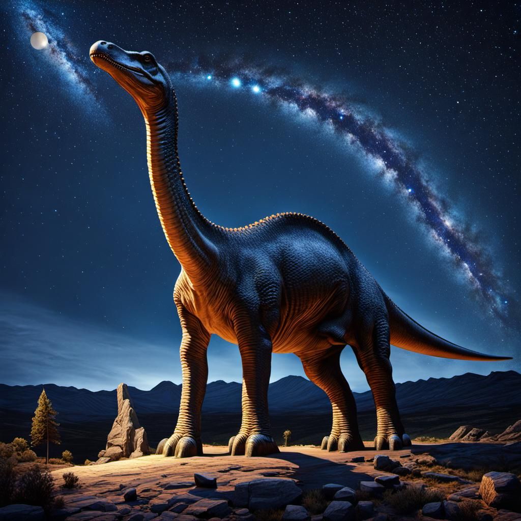 Diplodocus on Hilltop Gazing at Starry Night