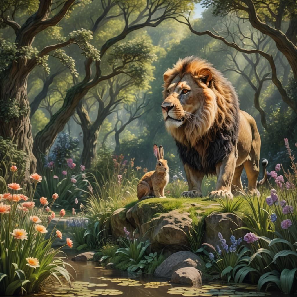 Lion-Bunny Hybrid Stalking Deer: Impressionist Fantasy