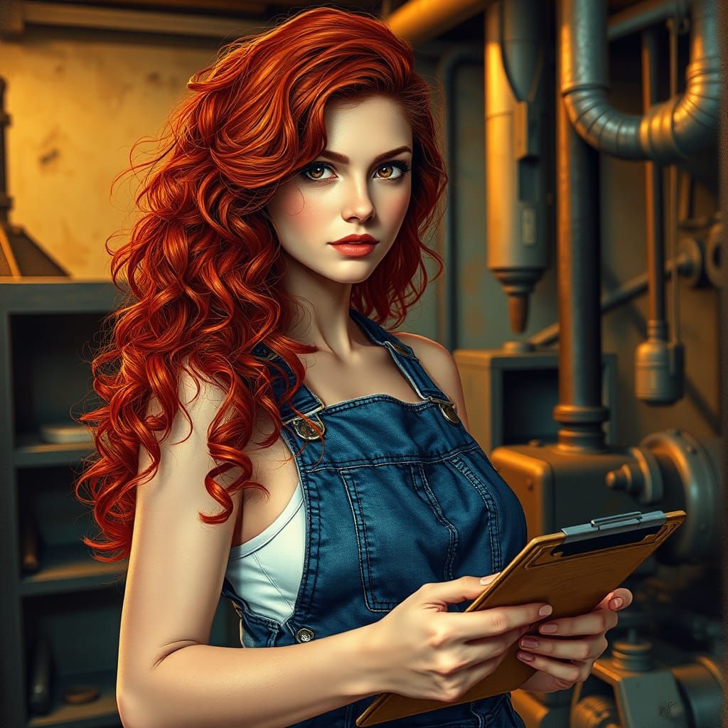Redhead Woman in Overalls Surrounded by Machinery