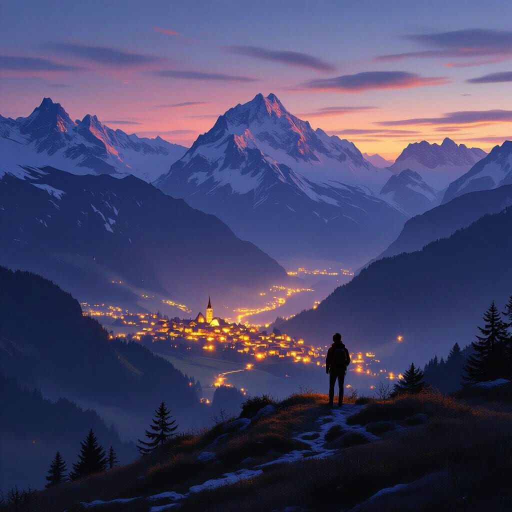 Lone Hiker Overlooks Glowing Swiss Village at Twilight