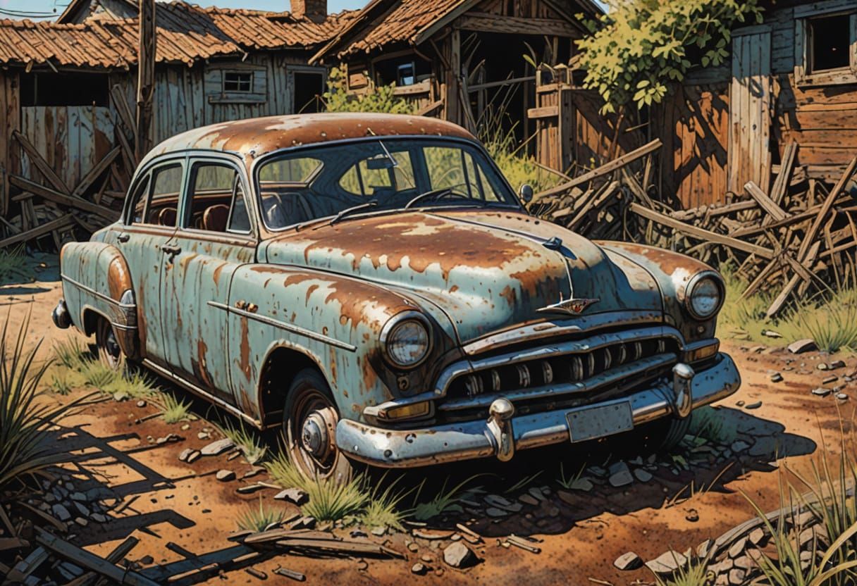 Rusty Car Under Clear Sky in Comic Watercolor Style