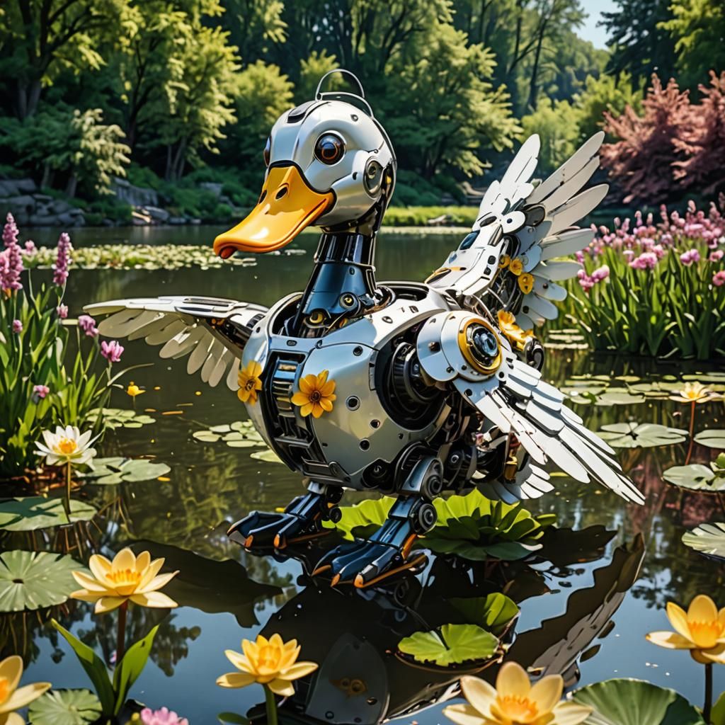 Mechanical Duck by the Lake: A High-Quality Image