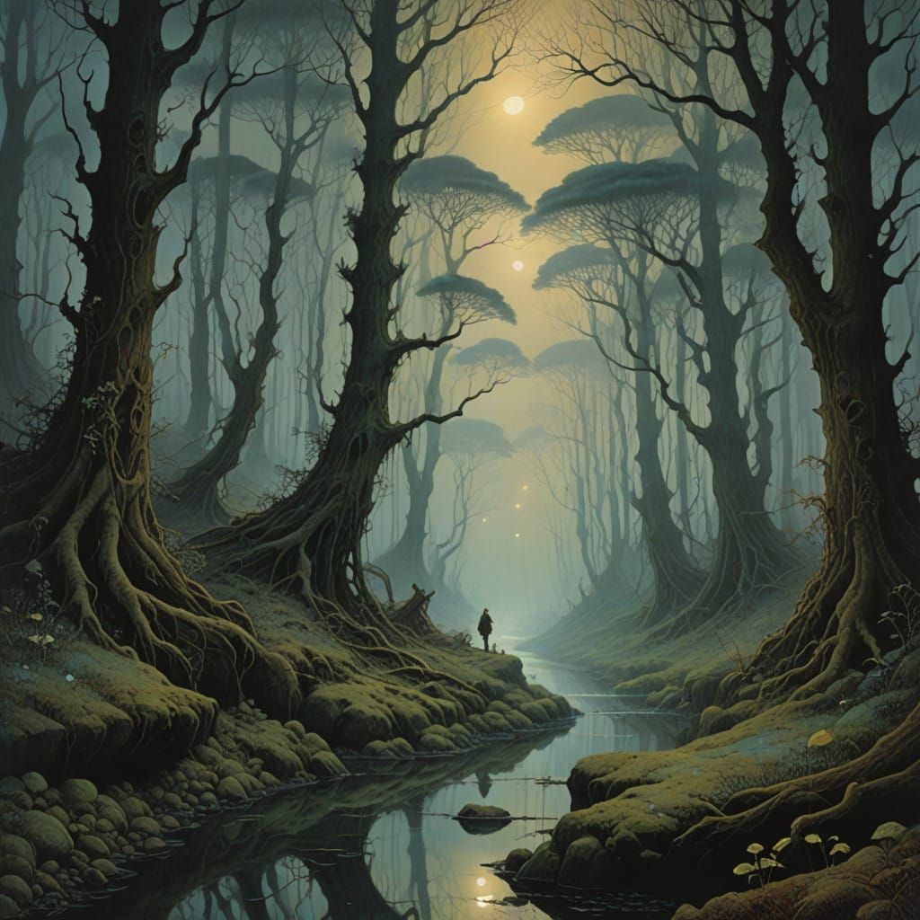 Ethereal Wind Illuminates Ancient Forest in Soft, Dreamlike...