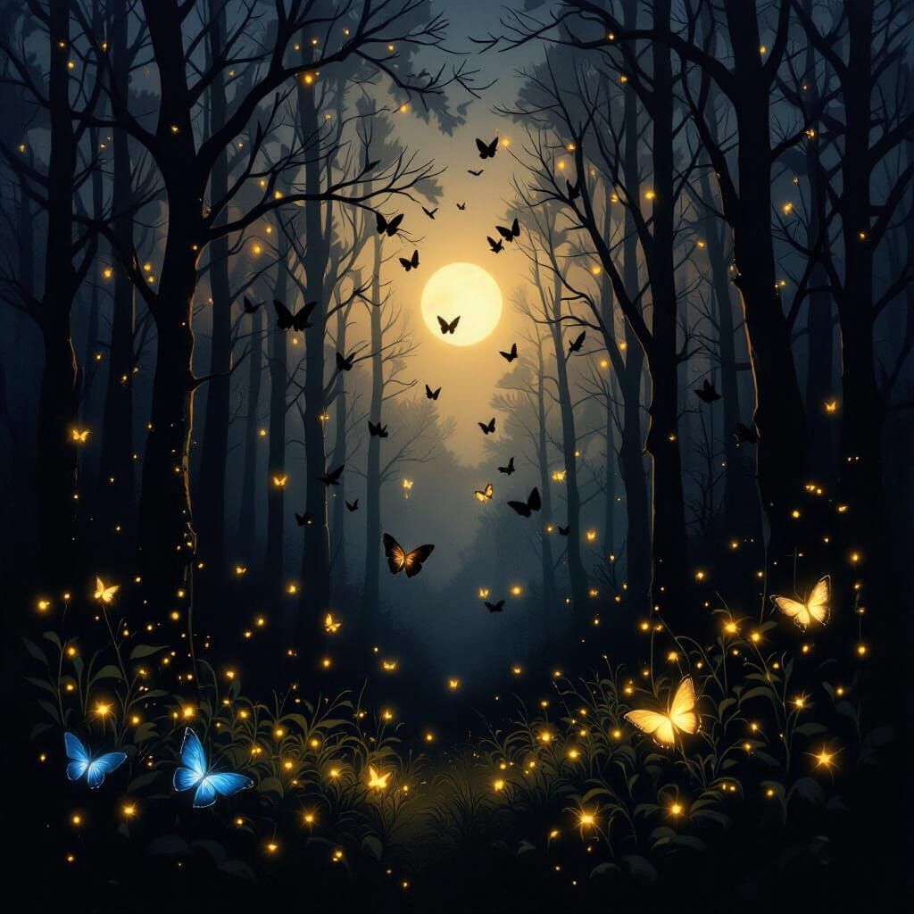 Black Radiant Butterflies in Moody Forest