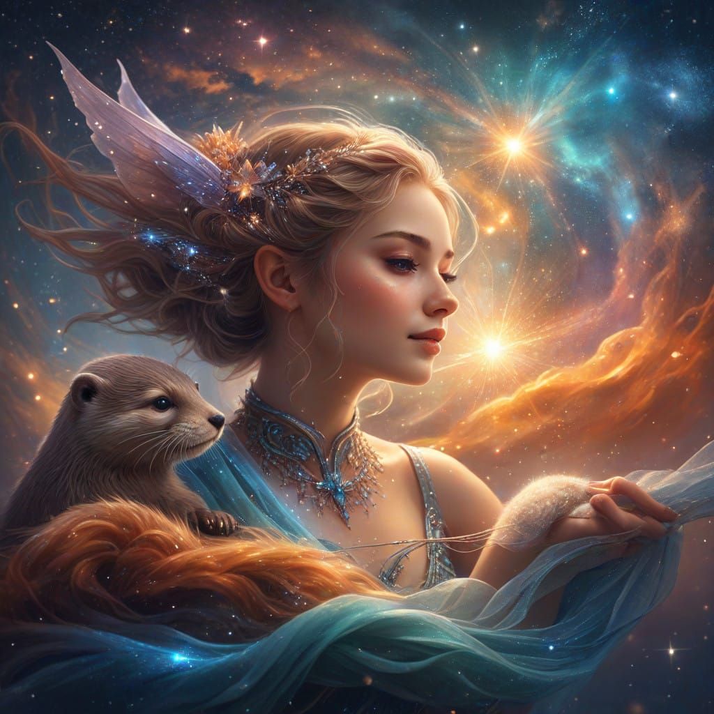 Ethereal Fairy and Majestic Otter in Cosmic Realm