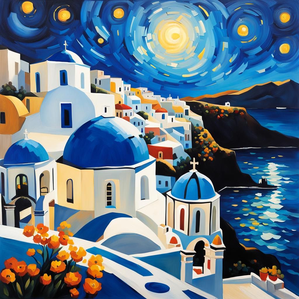 Santorini Starry Night: Van Gogh Inspired Oil Painting