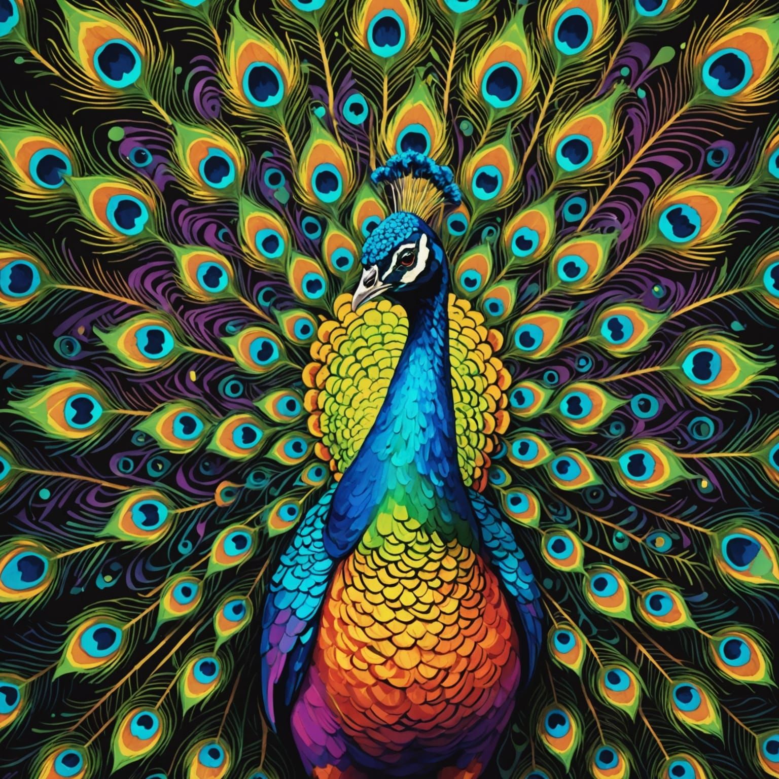 Vibrant Rainbow Peacock Unfolds Its Splendid Plumage