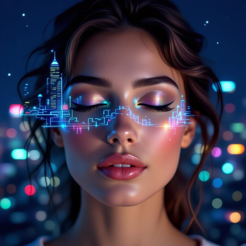 Surreal Woman Merging with Cityscape in Dreamlike Art