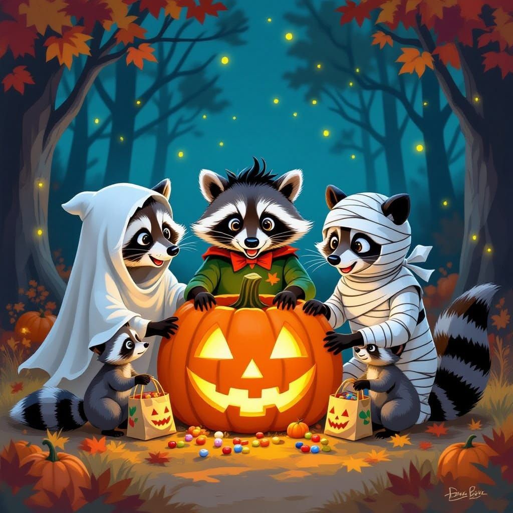 Mischievous Raccoons Enjoy Halloween Costume Party