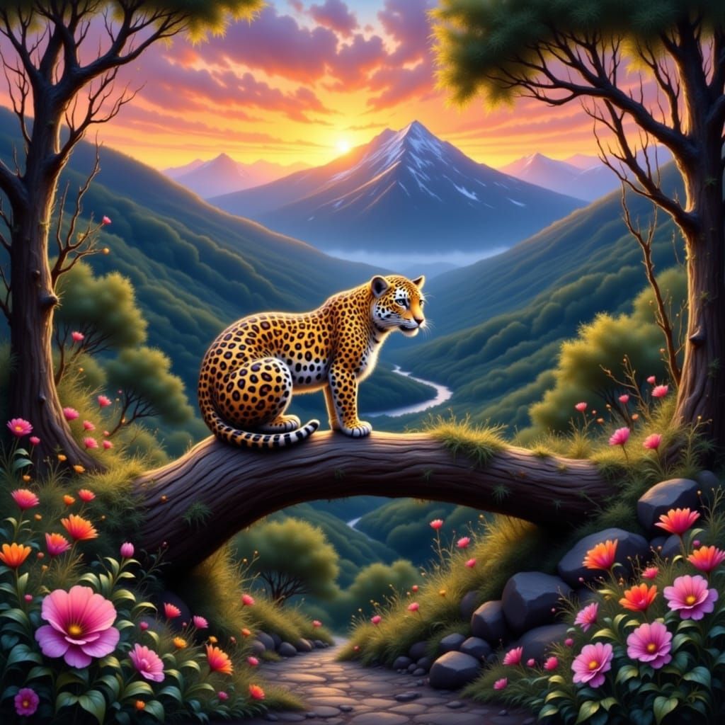 Jaguar Overlooking Floral Valley at Night