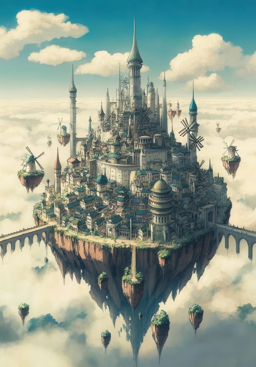 Floating Metropolis with Intricate Spires and Windmills in W...