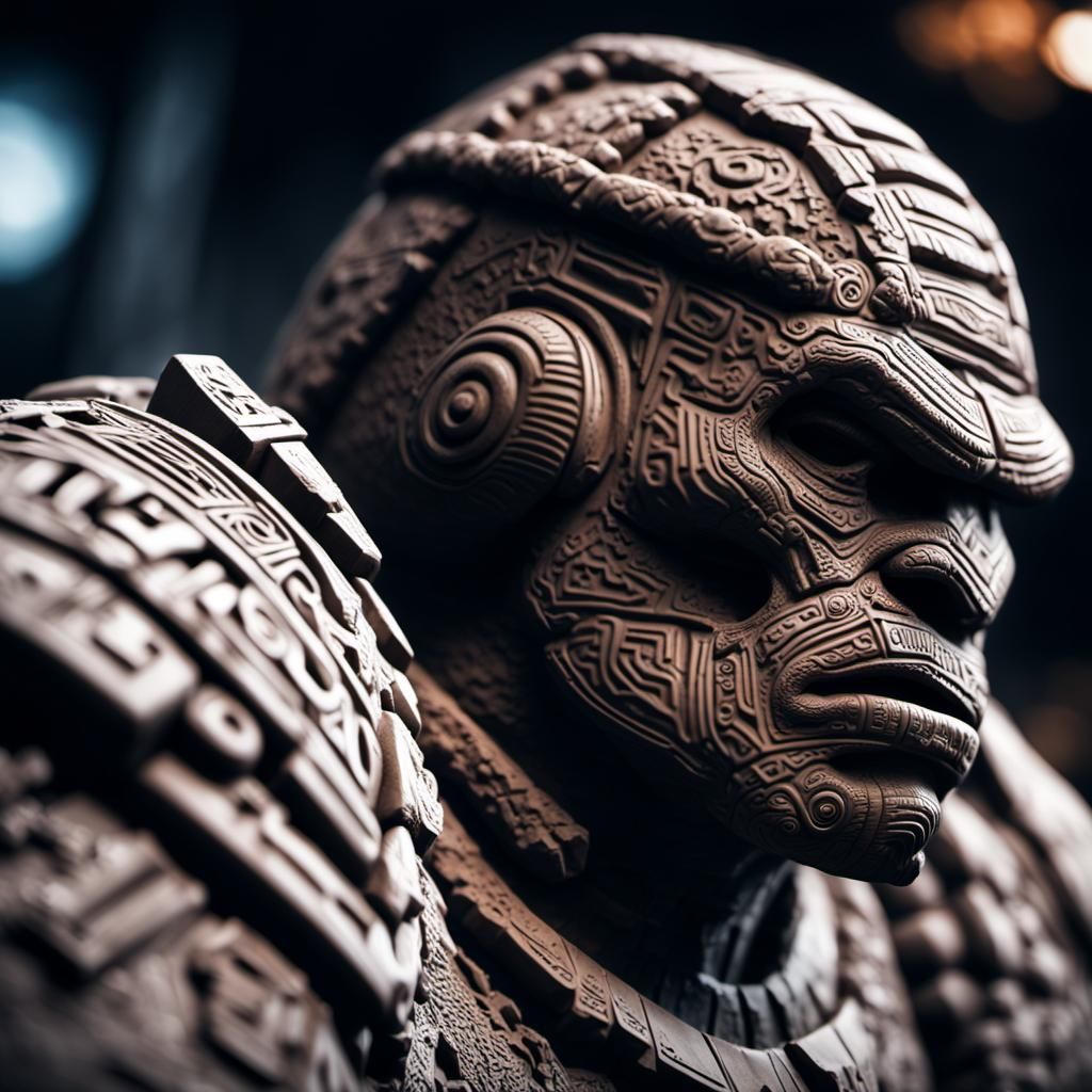 Hyperrealistic Aztec Clay Golem in Sharp Focus