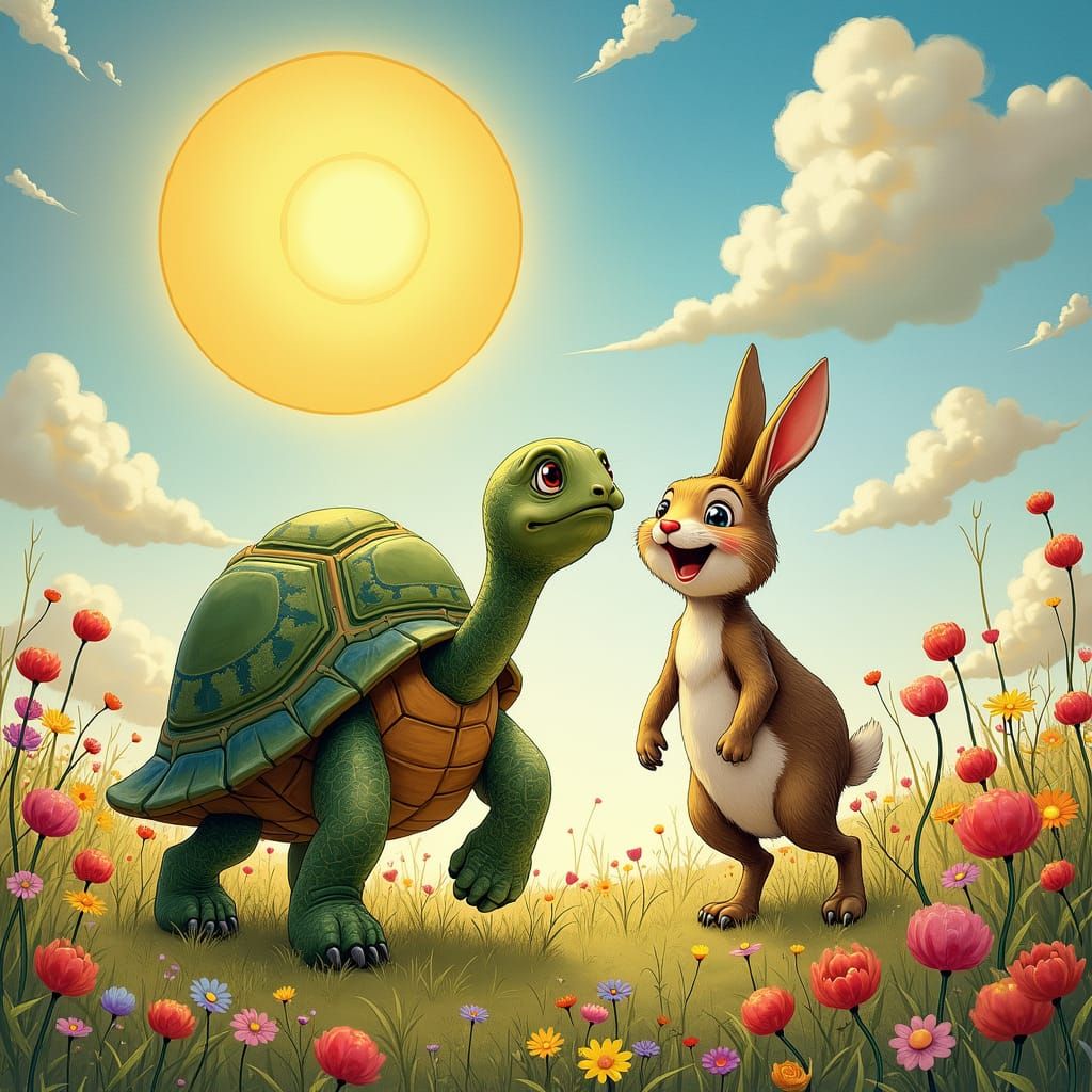 Turtle and Rabbit in a Whimsical Landscape