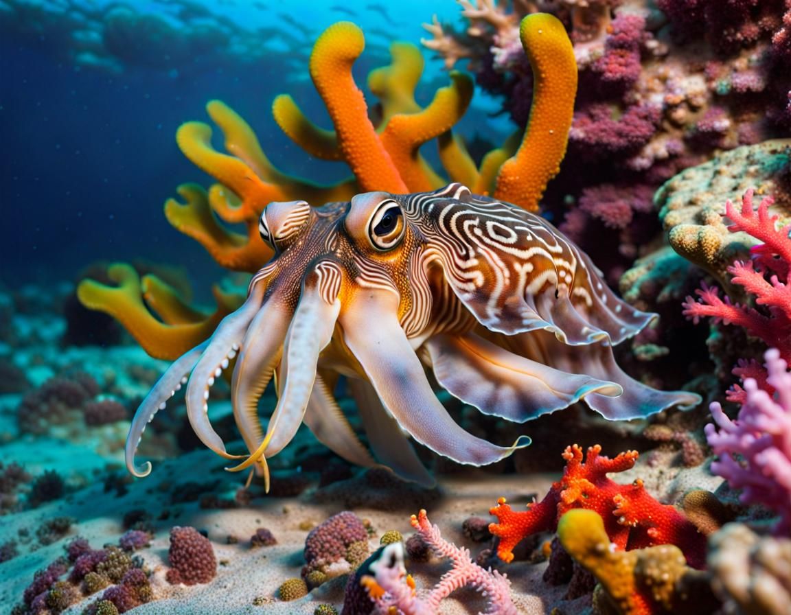 Cuttlefish Hunting Crabs in Coral Reef