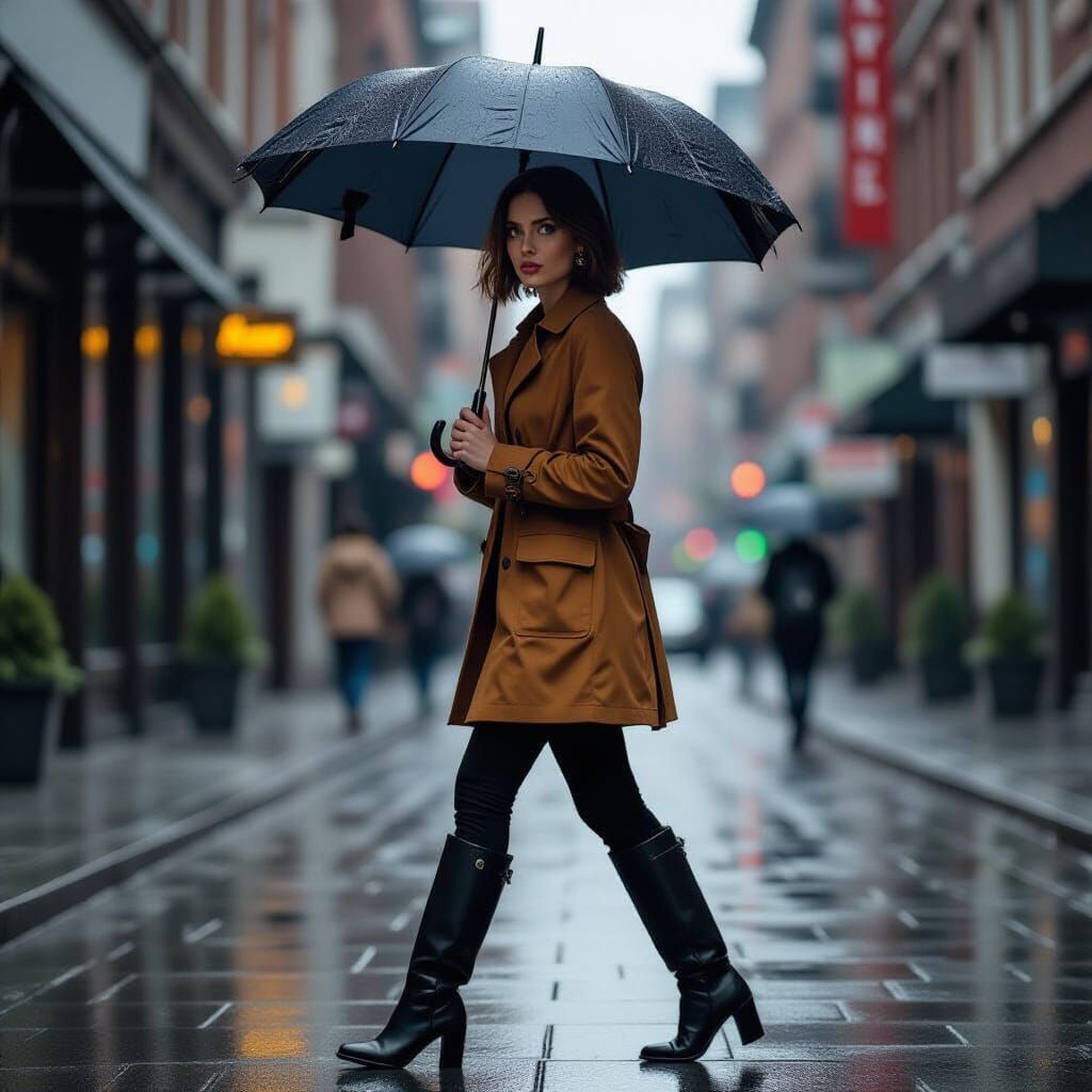 Ember-Haired Woman Walks in Rainy City, Professional Photo