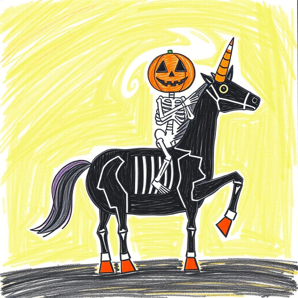 Jack O'Lantern Skeleton Rides Unicorn: Crayon Drawing