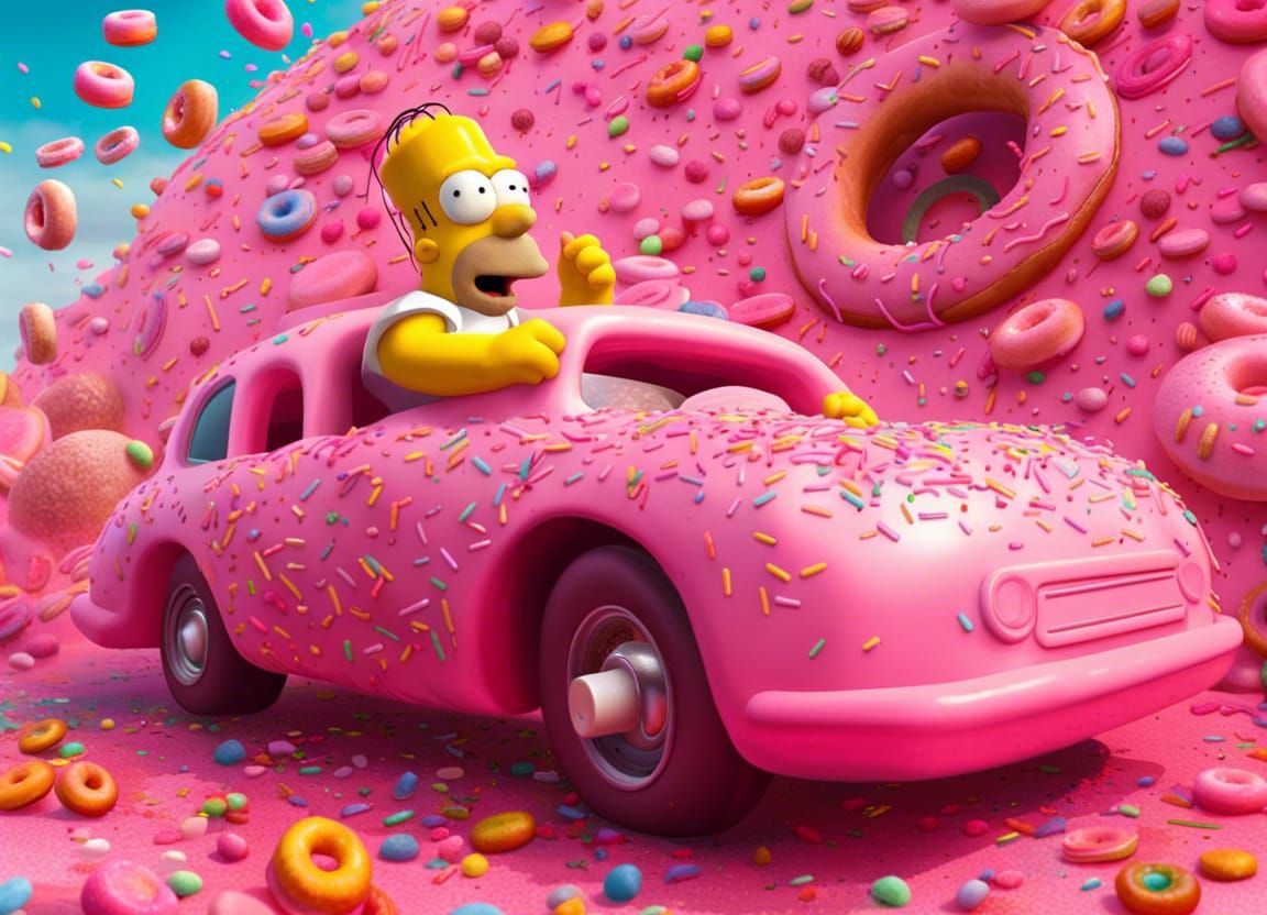 Homer Simpson Drives Donut Car in Splash Art Style