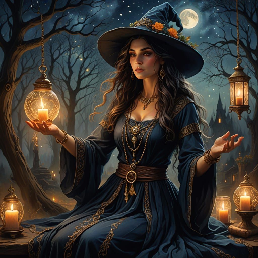 Gypsy Witch Dances Under Starry Night Sky in Bohemian Elegan...